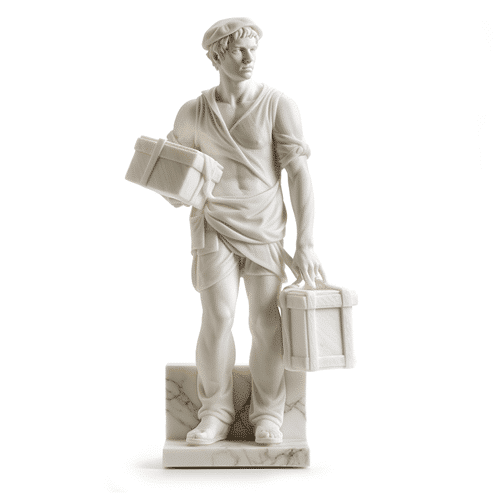 Eine wei&szlig;e Marmorstatue eines jungen Mannes mit Barett und Tunika, der Pakete in beiden H&auml;nden tr&auml;gt und auf einem Marmorsockel steht.
