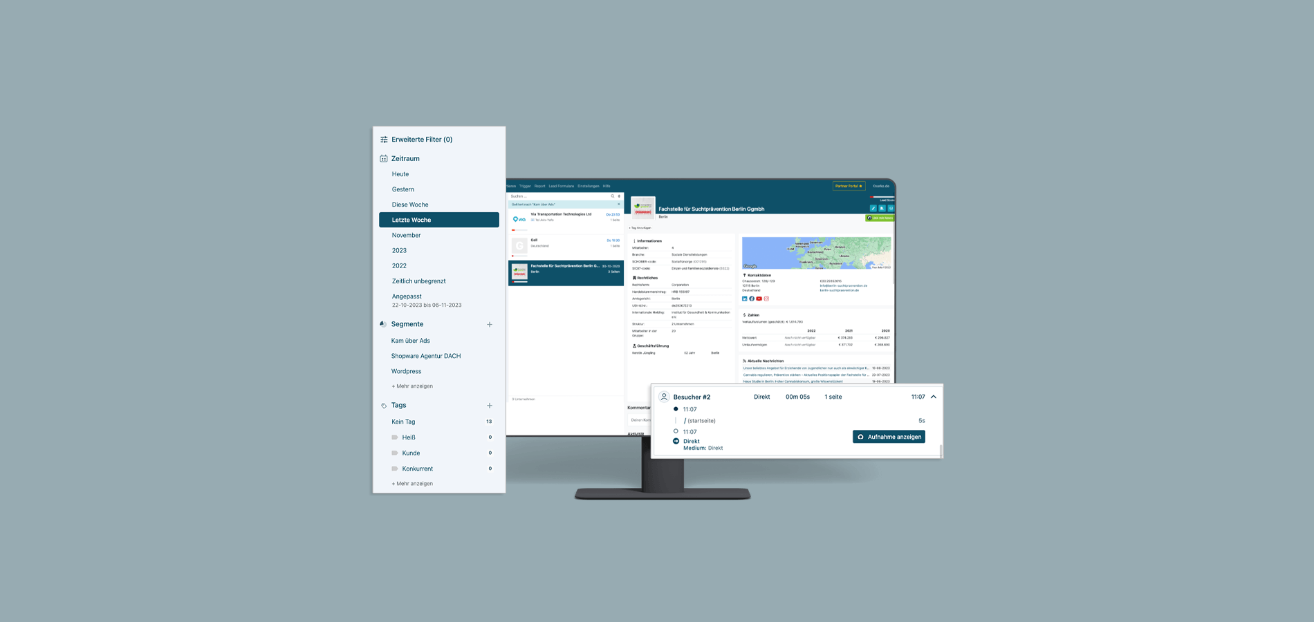 Kollage bestehend mittig aus einem PC Monitor und zwei rechteckigen Fenstern. Ausschnitte einer Website darauf.