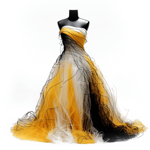 wei&szlig;, schwarz gelbes T&uuml;llkleid ohne Tr&auml;ger und mit langem Rock