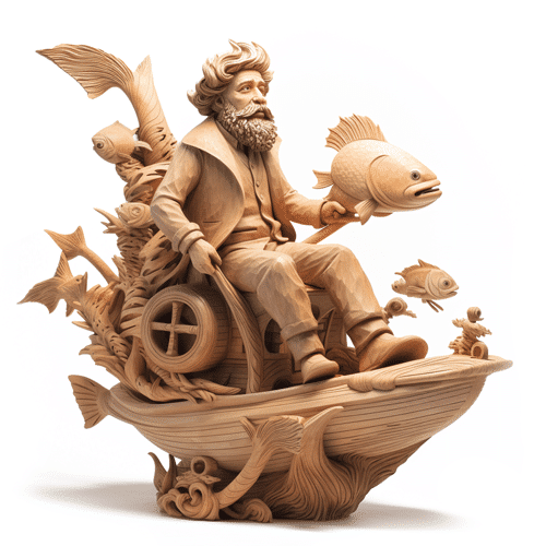 Holzskulptur eines Mannes in einem Mantel, der auf einem kleine Schiff einen Steuerkn&uuml;ppel in der Hand h&auml;lt und einen Fisch auf der anderen Hand.