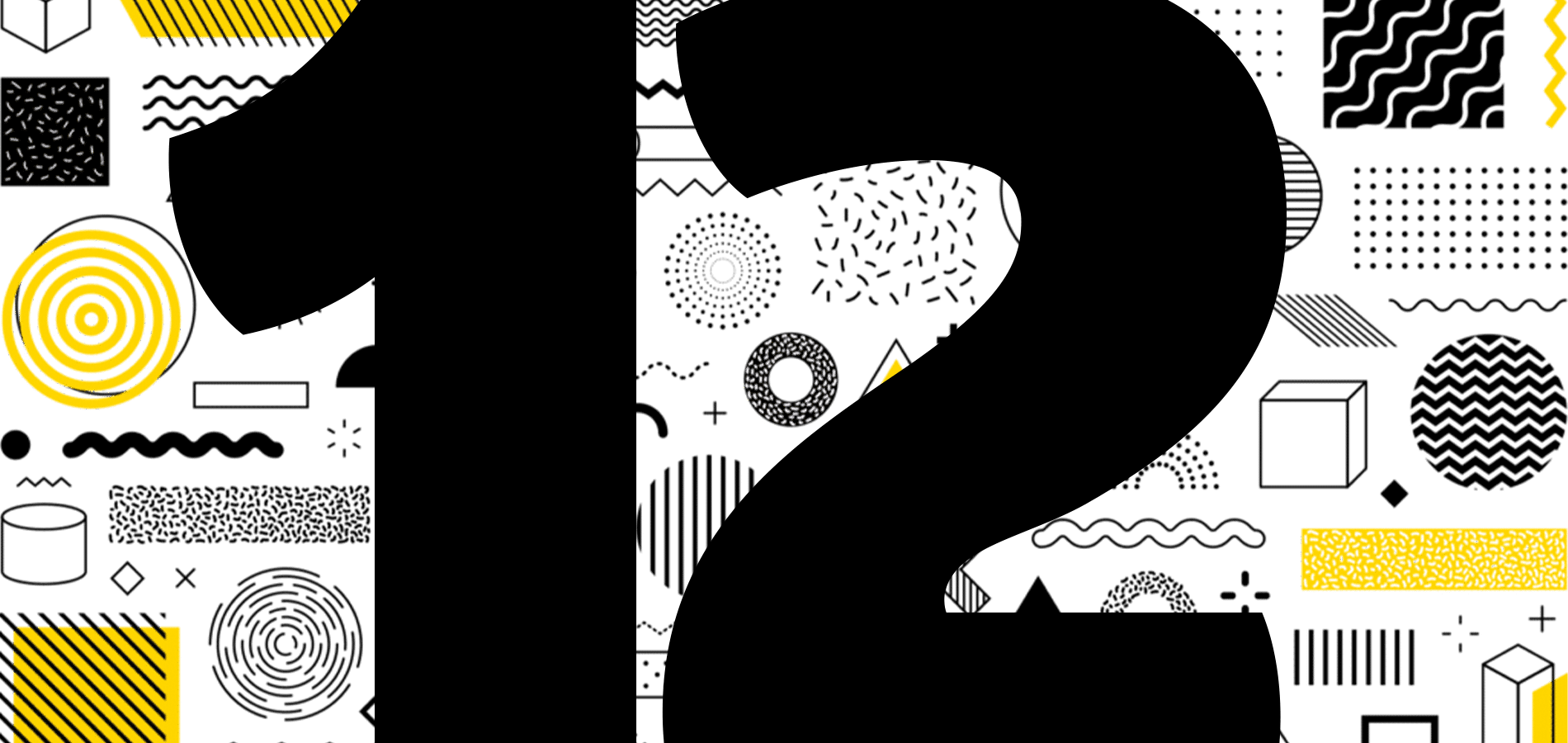 Abstraktes Hintergrundbild zum 12-jährigen Jubiläum von Knorke. Schwarzer Hintergrund mit gelben und grauen geometrischen Mustern, darunter Streifen, Punkte, Kreise und Zickzack-Linien.