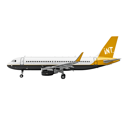 Wei&szlig;, schwarz und gelbes Passagierflugzeug mit wei&szlig;em INT. Logo auf dem Heck.