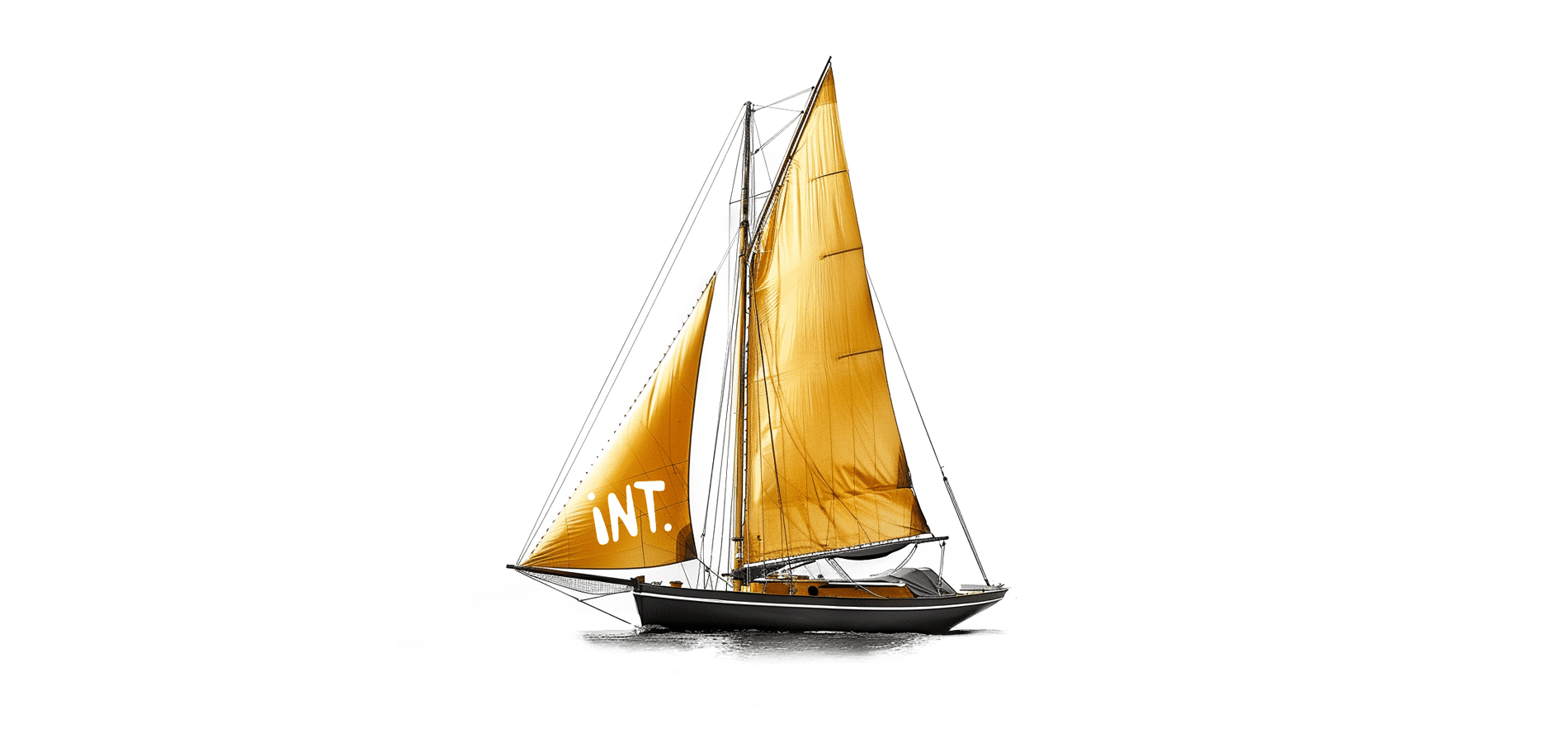 Einmastiges gelb schwarzes Segelboot mit zwei gelben Segeln. Auf dem vorderen weißes INT. Logo.