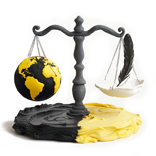 schwarze Waage, die links eine schwarz-gelbe Welt h&auml;lt und rechts im Gleichgewicht eine schwarze Feder in einer wei&szlig;en Schale