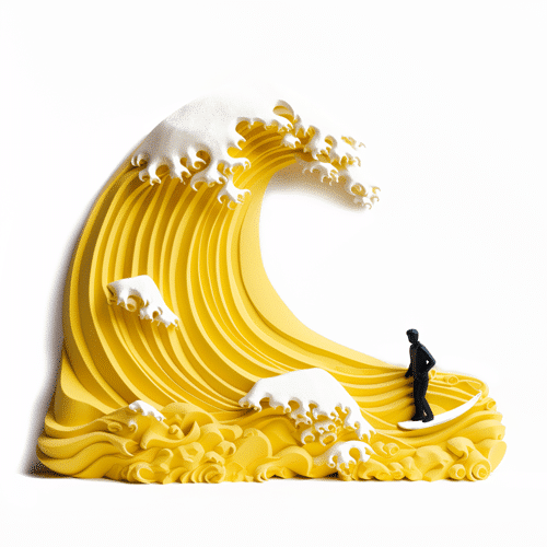 schwarze Figur, die auf wei&szlig;em Sufrbrett am unteren Rand einer gro&szlig;en gelben Welle surft.
