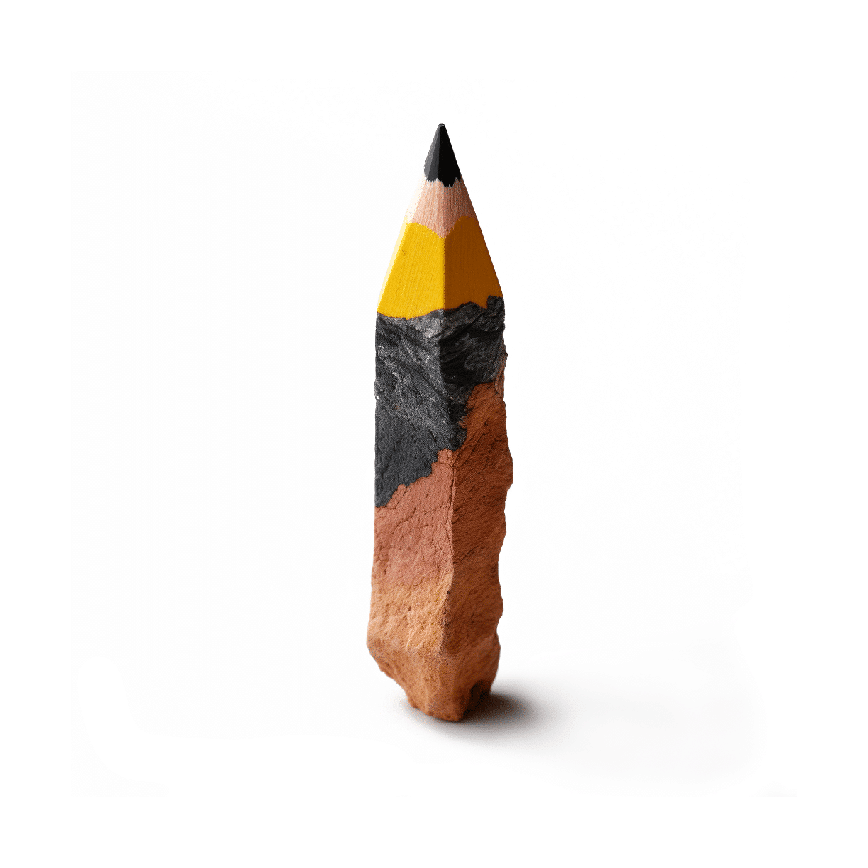 Gelber spitzer Bleistift aus schwarzen und r&ouml;tlichem Stein gehauen mit typischer Bleistiftspitze.
