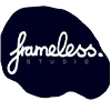 frameless. STUDIO Logo, weiße Schrift auf schwarzem Fleck
