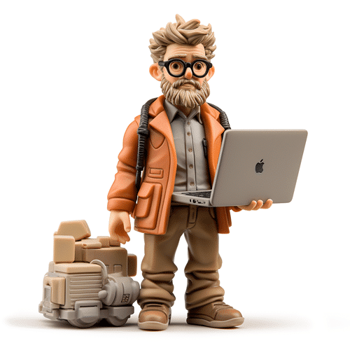 Eine m&auml;nnliche Knetfigur mit Bart und Brille h&auml;lt einen Laptop und steht neben einem Roboter oder Ger&auml;t.