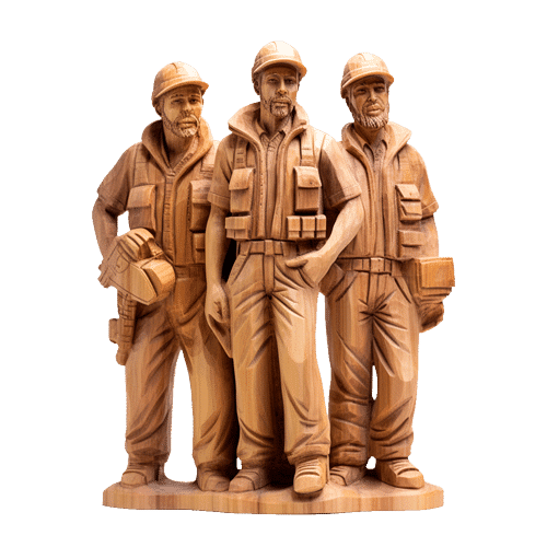 Holzskulptur dreier M&auml;nner, die alle einen Helm und eine Weste tragen. Zwei der M&auml;nner tragen Werkzeug.
