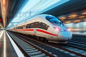 Moderner ICE der an einem schönen Tag durch einen Bahnhof fährt