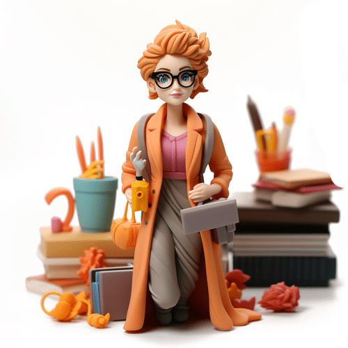Eine weibliche Knetfigur mit orangeroter Kleidung und Brille steht vor gestapelten B&uuml;chern und Design-Elementen.