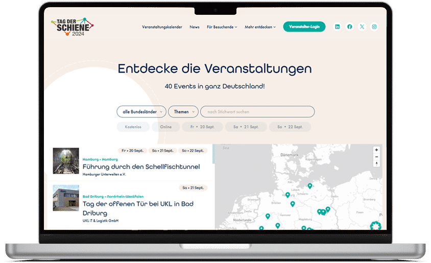 Laptop mit dem Veranstaltungskalender &bdquo;Tag der Schiene 2024&ldquo;. Die Seite zeigt eine Filtermaske f&uuml;r Events, eine Liste mit Programmpunkten (z. B. Schellfischtunnel Hamburg) und eine interaktive Deutschlandkarte mit markierten Standorten.