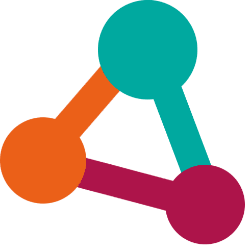 Ein farbenfrohes, abstraktes Icon in Form eines Dreiecks, das an eine Molek&uuml;lstruktur erinnert. Drei Kreise in T&uuml;rkis, Orange und Dunkelrot sind durch farblich passende Linien miteinander verbunden.