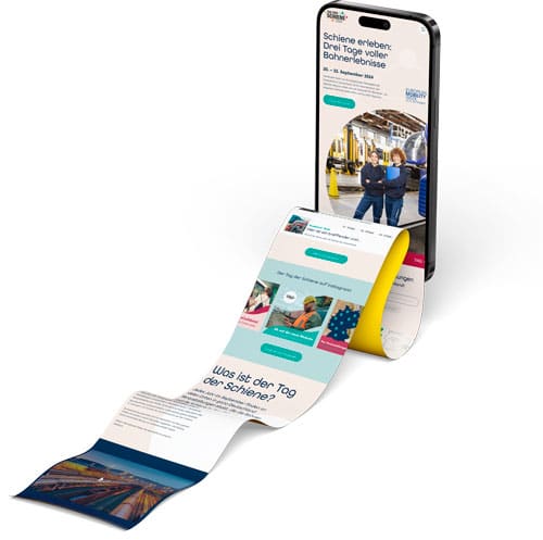 Ein Smartphone, aus dessen Display sich die mobile Website &bdquo;Tag der Schiene&ldquo; wie ein langes, geschwungenes Papierband herausrollt. Die Darstellung zeigt verschiedene Sektionen der Webseite in einem modernen, dreidimensionalen Design.
