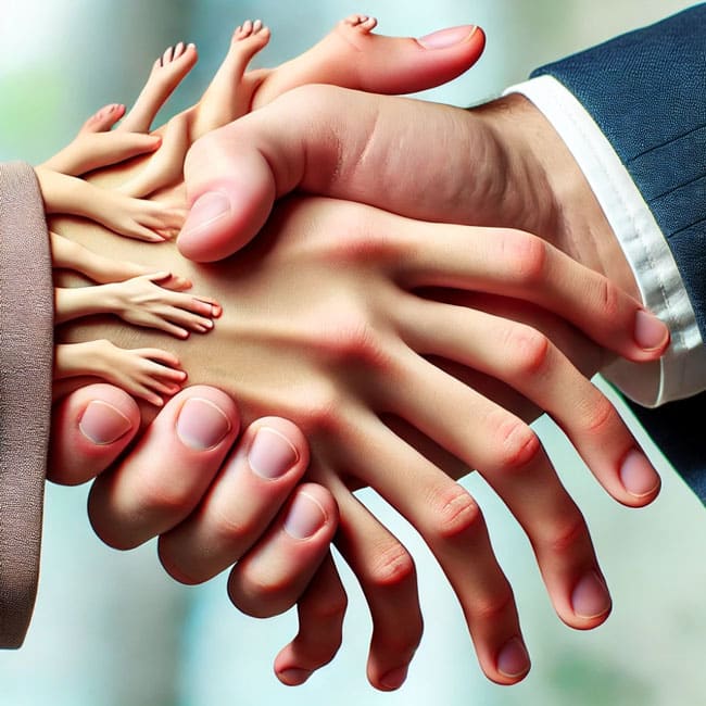 M&auml;nnliche Hand sch&uuml;ttelt viele H&auml;nde die geb&uuml;ndelt aus einem &Auml;rmel heraus kommen.