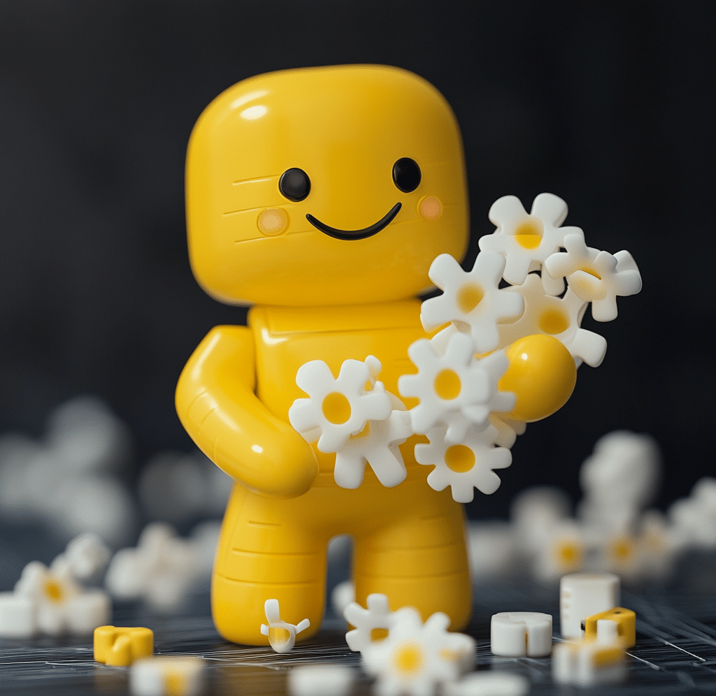 Eine kleine , gelbe, fr&ouml;hliche Figur sammelt Bl&uuml;ten beziehungsweise Blumen, die f&uuml;r Daten stehen.