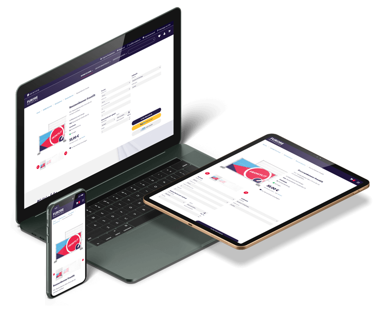 Eine isometrische Darstellung der &bdquo;Furore Werbung&ldquo; Website auf einem Laptop, einem Tablet und einem Smartphone. Gezeigt wird die Produktseite f&uuml;r ein Bauzaunbanner in responsivem Design.