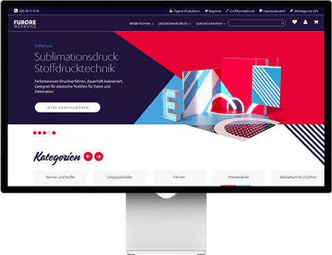 PC Monitor, auf dem Bildschirm die Website von Furore Werbung mit dem Bereich Sublimationsdruck.