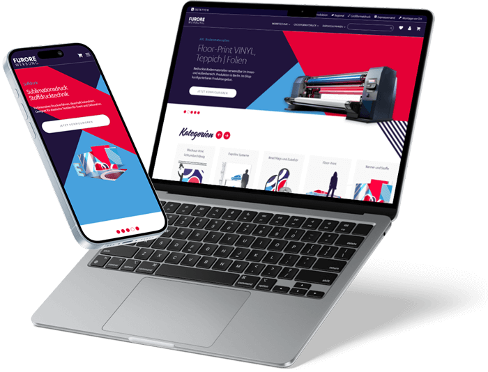 Silbernes Smartphone und Laptop mit der Website on Furore Werbung auf dem Bildschirm.