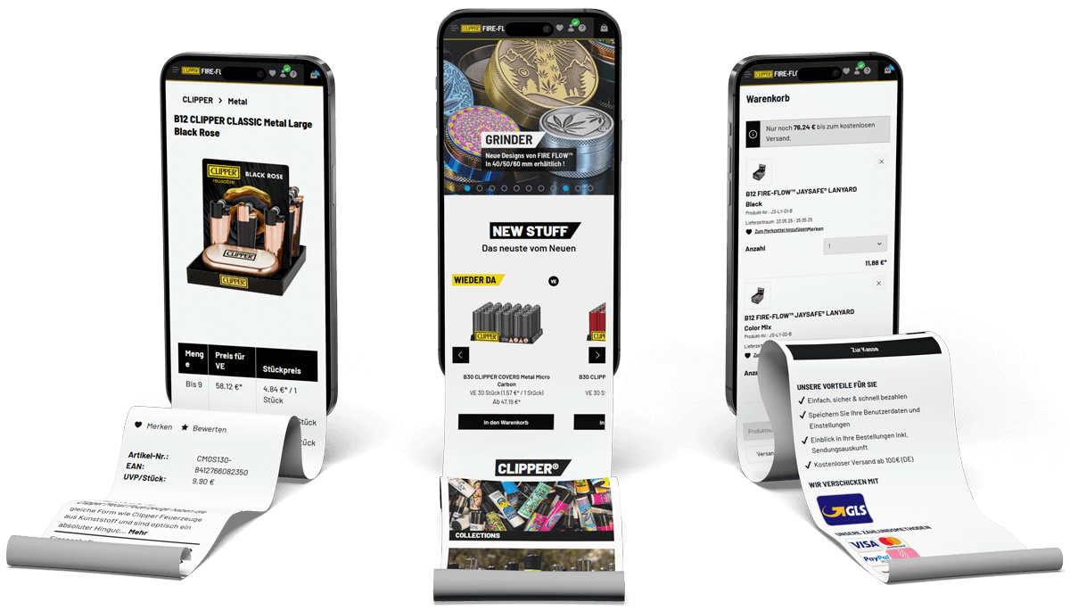 Drei Smartphones die Quittungen ausgeben. Jeweils ein Ausschnitt der Fire Flow Website zu sehen.