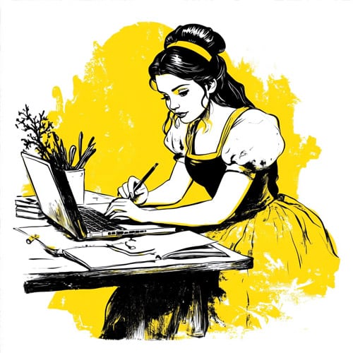 Gelb, schwarz, wei&szlig;es Bild einer Frau im Kleid mit langen mit einem Band hochgebundenen Haaren sitz arbeitenden an einem Schreibtisch. Auf dem Schreibtisch Laptop, Papiere, Stifte und eine Pflanze.