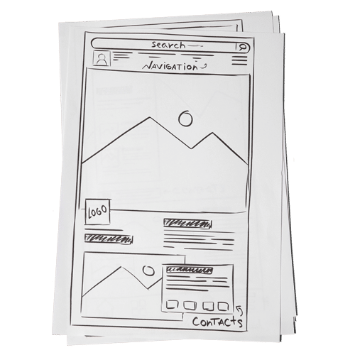 Papierstapel, auf dem obersten Blatt eine Skizze eines Webseiten-Layouts.