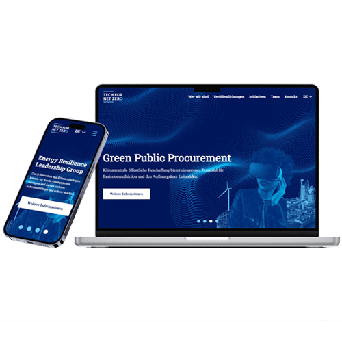 Smartphone angelehnt an aufgeklappten Laptop auf deren Screen die Website von Tech for Net zero.