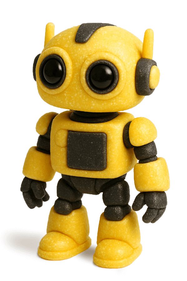 Gelber Roboter aus Fondant mit schwarzen Akzenten. Gro&szlig;e runde schwarze Augen, Antennen an den Ohren, schwarzer Klappe auf der Brust und schwarzen H&auml;nden.