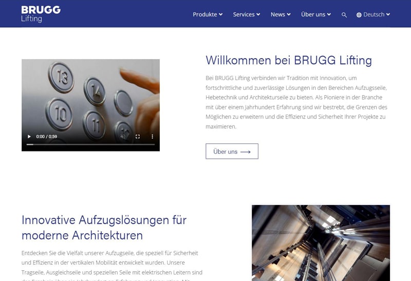 Webseite von „BRUGG Lifting“ mit blauer Menüleiste. Gezeigt werden ein Begrüßungstext neben einem Video von Aufzugsknöpfen sowie Informationen zu Aufzugslösungen mit dem Bild eines Schachts.