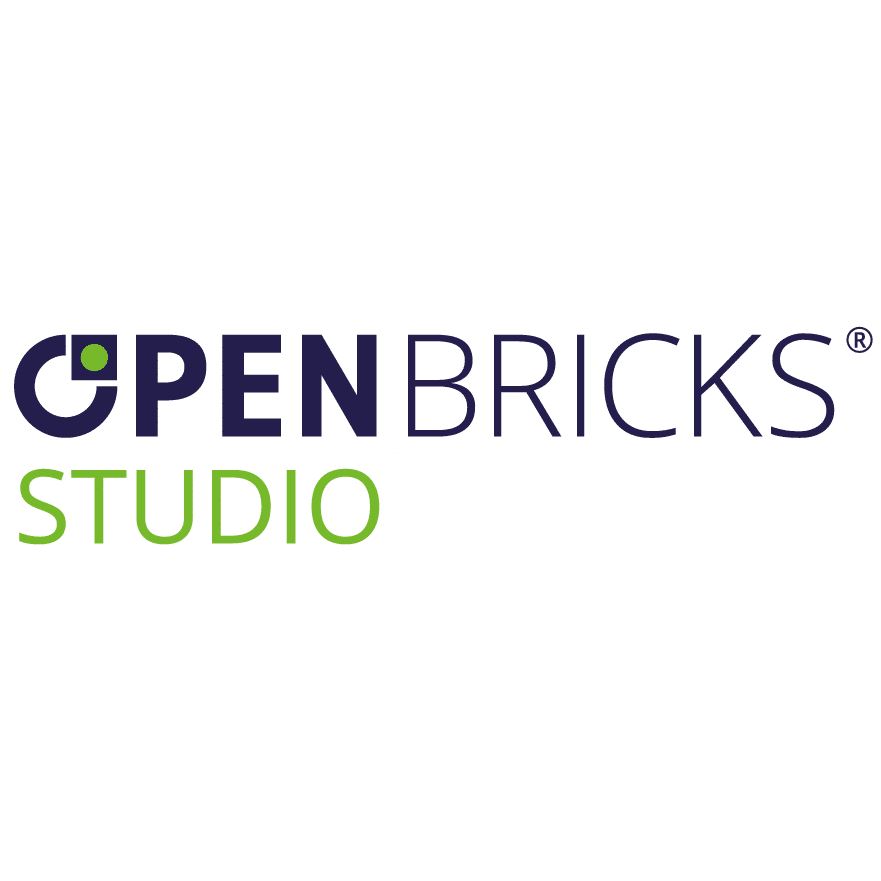 Logo von „OPEN BRICKS STUDIO“. Die erste Zeile zeigt ein dunkelblaues Icon mit grünem Punkt neben dem Schriftzug „OPEN BRICKS“, darunter steht in Hellgrün das Wort „STUDIO“.