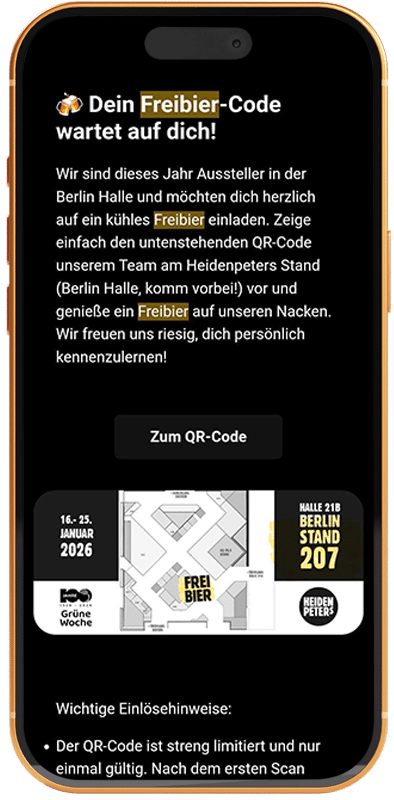 Smartphone-Einladung von &bdquo;Heidenpeters&ldquo; zu einem Freibier auf der &bdquo;Gr&uuml;nen Woche&ldquo; (16.&ndash;25. Januar 2026). Mit Button zum QR-Code sowie Standortdetails: Halle 21B, Stand 207 (Berlin Halle). Ein Lageplan markiert den Standplatz.